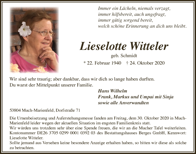  Traueranzeige für Lieselotte Witteler vom 30.10.2020 aus  Lokalanzeiger 