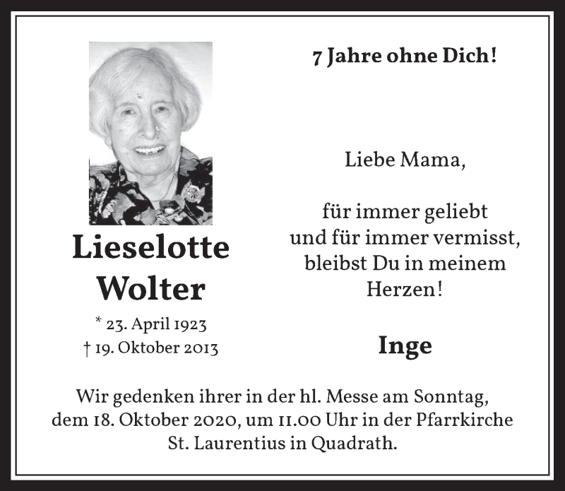  Traueranzeige für Lieselotte Wolter vom 18.07.2023 aus  Werbepost 