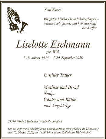 Anzeige von Liselotte Eschmann von  Lokalanzeiger 