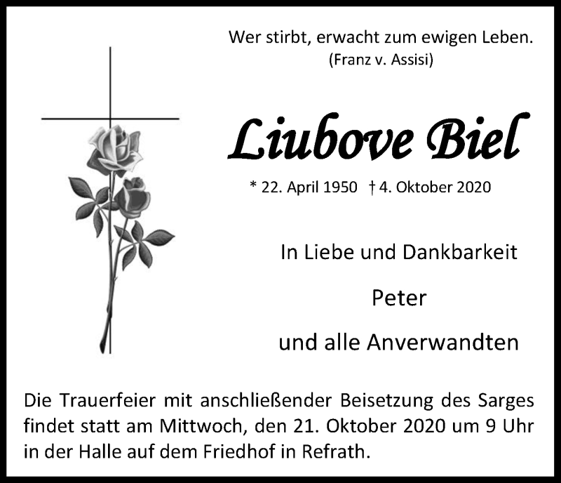  Traueranzeige für Liubove Biel vom 17.10.2020 aus Kölner Stadt-Anzeiger / Kölnische Rundschau / Express