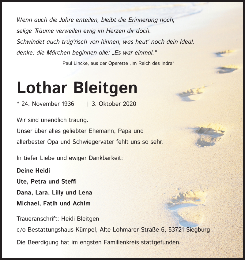  Traueranzeige für Lothar Bleitgen vom 10.10.2020 aus Kölner Stadt-Anzeiger / Kölnische Rundschau / Express