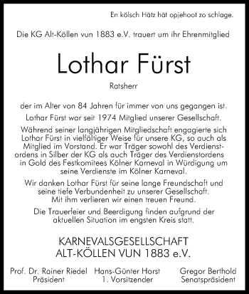 Anzeige von Lothar Fürst von Kölner Stadt-Anzeiger / Kölnische Rundschau / Express
