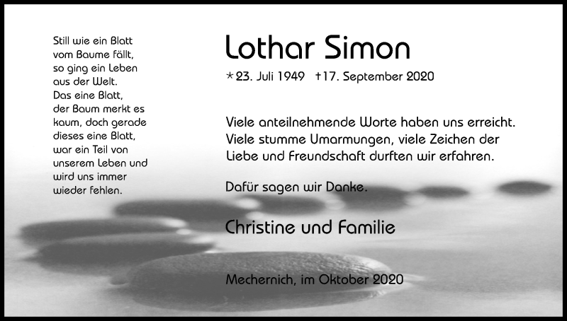  Traueranzeige für Lothar Simon vom 16.10.2020 aus Kölner Stadt-Anzeiger / Kölnische Rundschau / Express