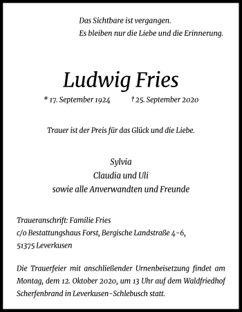 Anzeige von Ludwig Fries von Kölner Stadt-Anzeiger / Kölnische Rundschau / Express