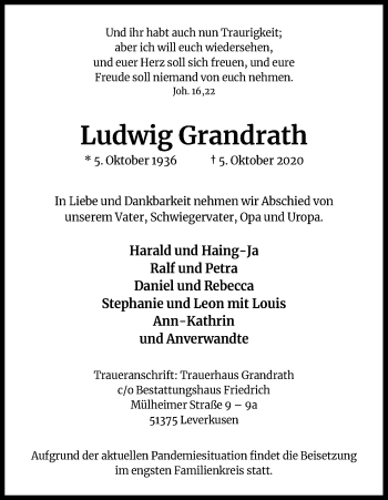 Anzeige von Ludwig Grandrath von Kölner Stadt-Anzeiger / Kölnische Rundschau / Express