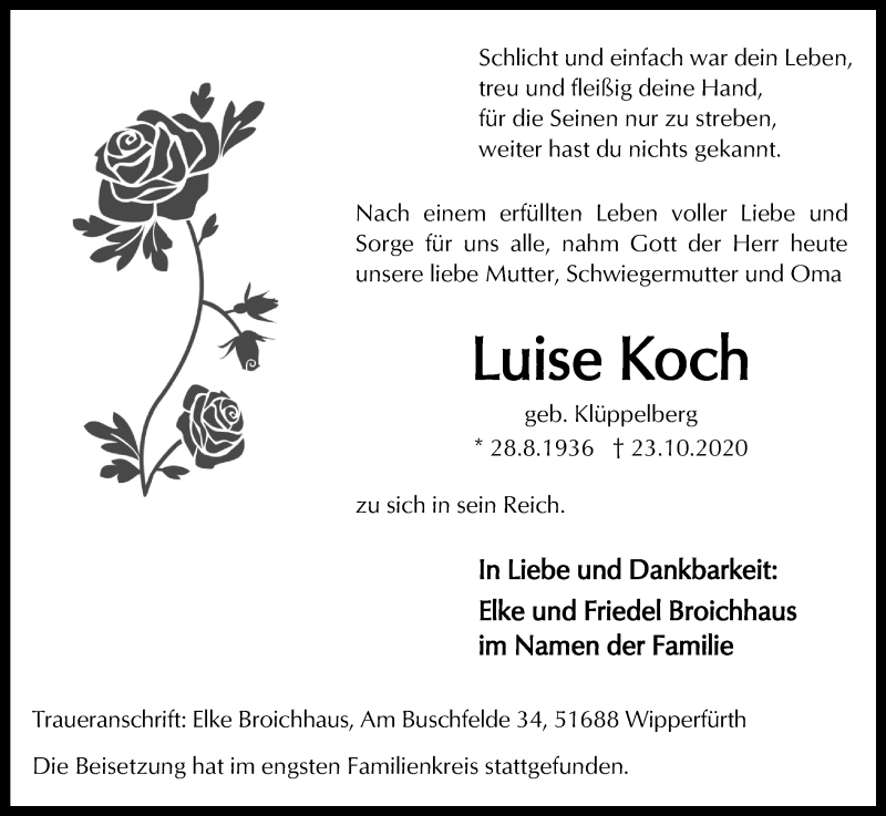  Traueranzeige für Luise Koch vom 31.10.2020 aus Kölner Stadt-Anzeiger / Kölnische Rundschau / Express