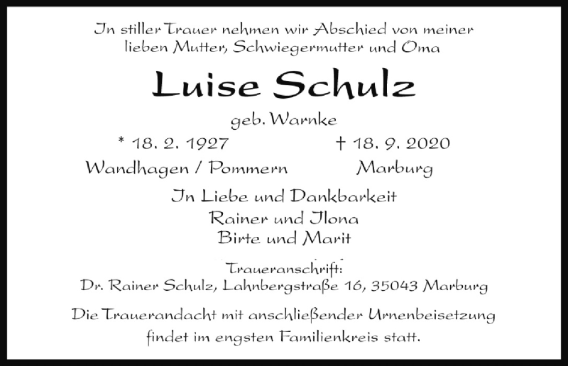  Traueranzeige für Luise Schulz vom 03.10.2020 aus Kölner Stadt-Anzeiger / Kölnische Rundschau / Express