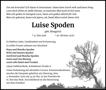 Anzeige von Luise Spoden von Kölner Stadt-Anzeiger / Kölnische Rundschau / Express