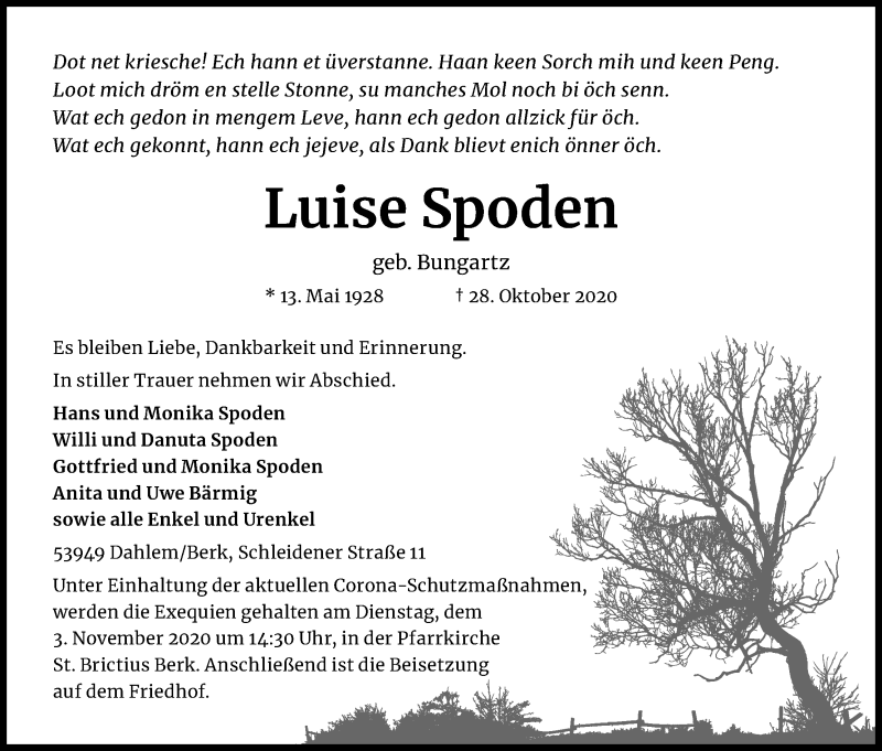  Traueranzeige für Luise Spoden vom 31.10.2020 aus Kölner Stadt-Anzeiger / Kölnische Rundschau / Express