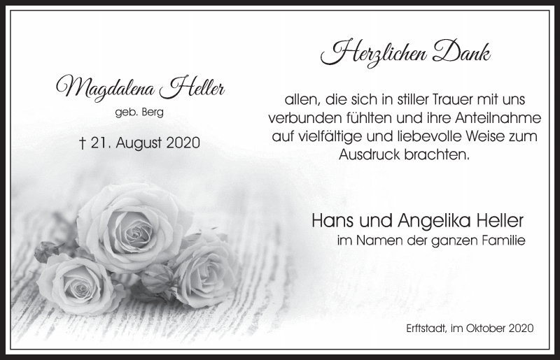  Traueranzeige für Magdalena Heller vom 09.10.2020 aus  Werbepost 