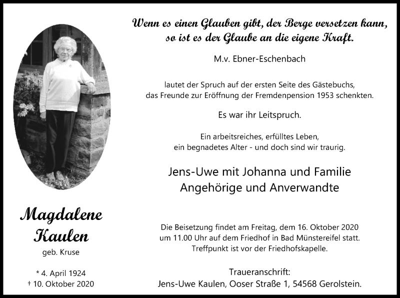  Traueranzeige für Magdalene Kaulen vom 15.10.2020 aus Kölner Stadt-Anzeiger / Kölnische Rundschau / Express