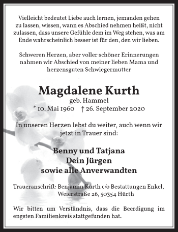 Anzeige von Magdalene Kurth von  Wochenende 