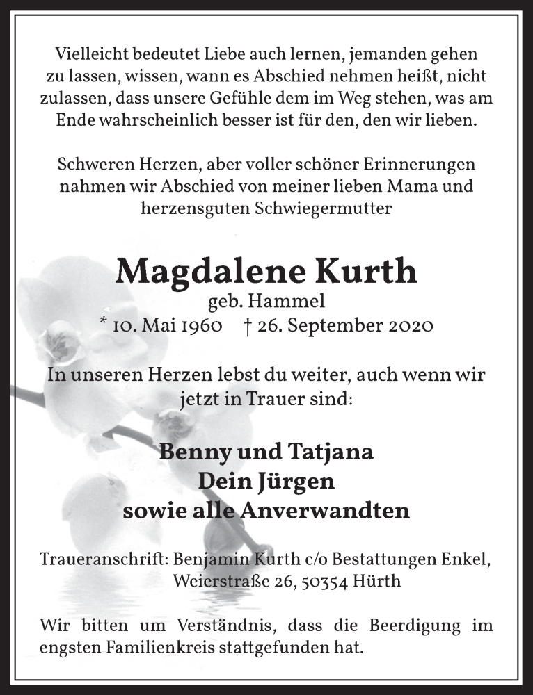  Traueranzeige für Magdalene Kurth vom 16.10.2020 aus  Wochenende 