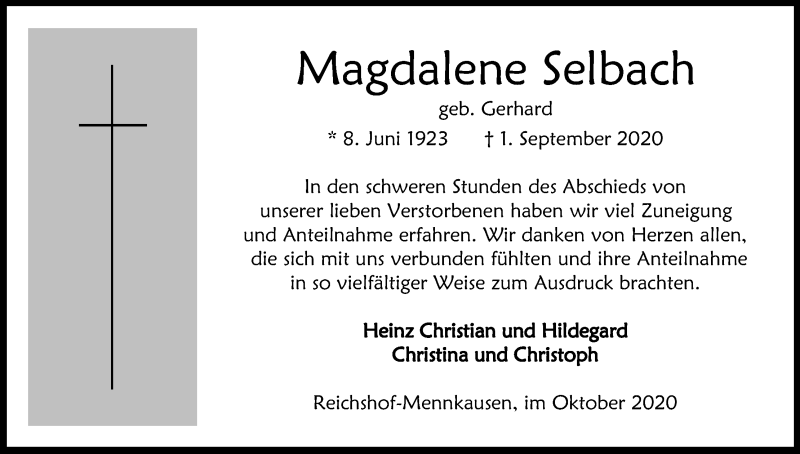  Traueranzeige für Magdalene Selbach vom 31.10.2020 aus Kölner Stadt-Anzeiger / Kölnische Rundschau / Express