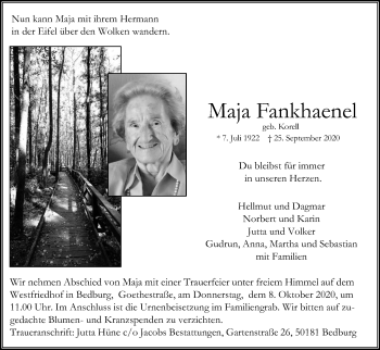 Anzeige von Maja Fankhaenel von Kölner Stadt-Anzeiger / Kölnische Rundschau / Express