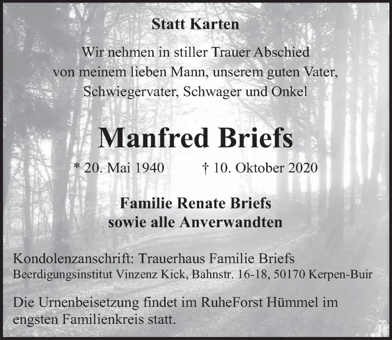  Traueranzeige für Manfred Briefs vom 23.10.2020 aus  Werbepost 