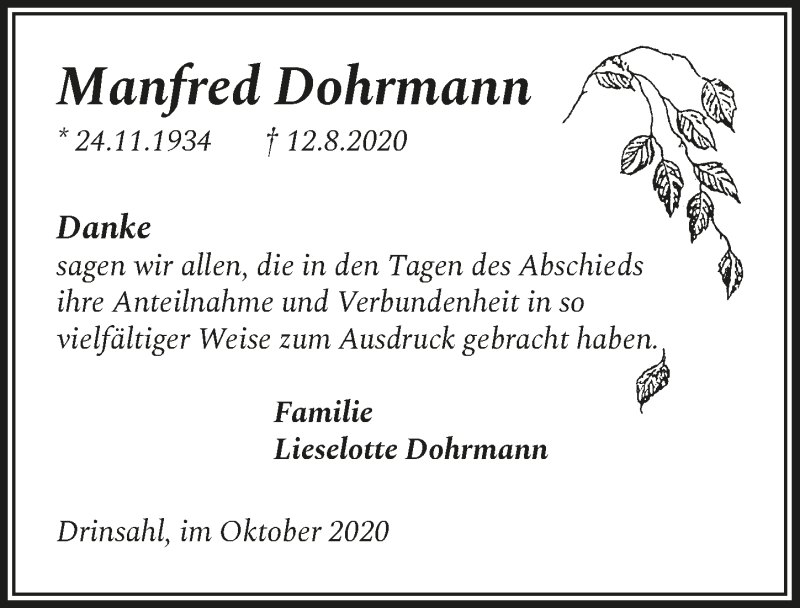  Traueranzeige für Manfred Dohrmann vom 30.10.2020 aus  Lokalanzeiger 