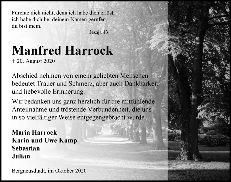  Traueranzeige für Manfred Harrock vom 16.10.2020 aus  Anzeigen Echo 