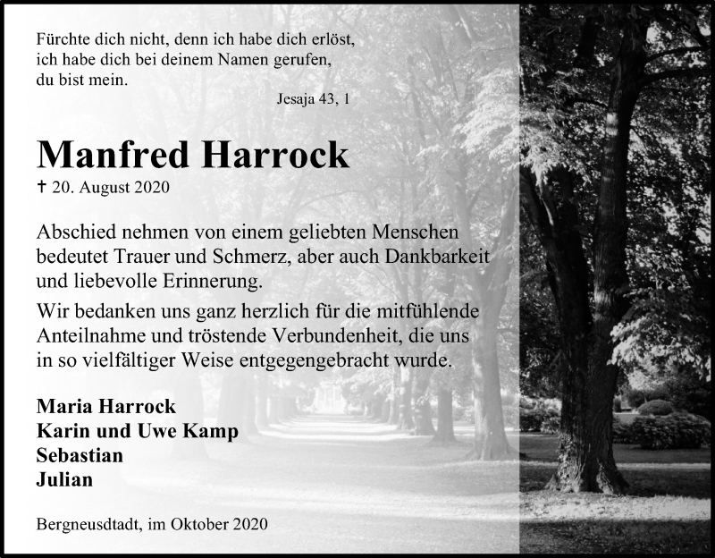  Traueranzeige für Manfred Harrock vom 17.10.2020 aus Kölner Stadt-Anzeiger / Kölnische Rundschau / Express