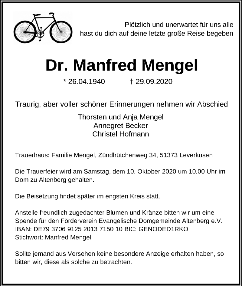  Traueranzeige für Manfred Mengel vom 08.10.2020 aus Kölner Stadt-Anzeiger / Kölnische Rundschau / Express