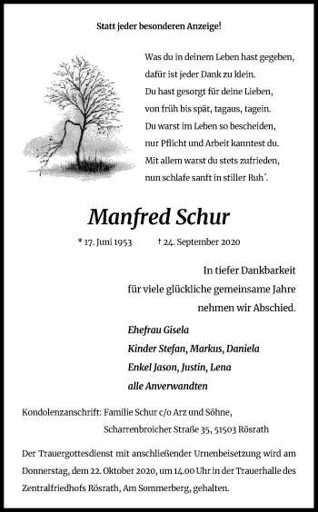 Anzeige von Manfred Schur von Kölner Stadt-Anzeiger / Kölnische Rundschau / Express
