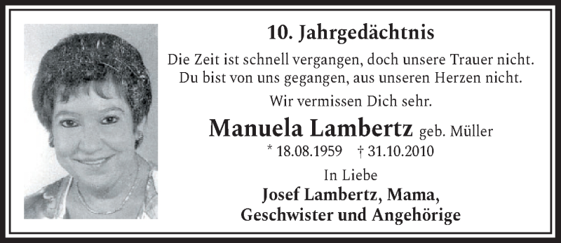  Traueranzeige für Manuela Lambertz vom 30.10.2020 aus  Schlossbote/Werbekurier 