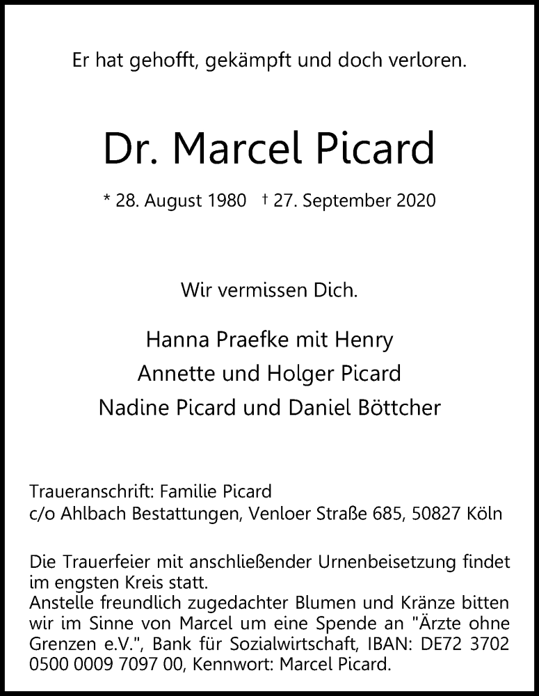  Traueranzeige für Marcel Picard vom 03.10.2020 aus Kölner Stadt-Anzeiger / Kölnische Rundschau / Express