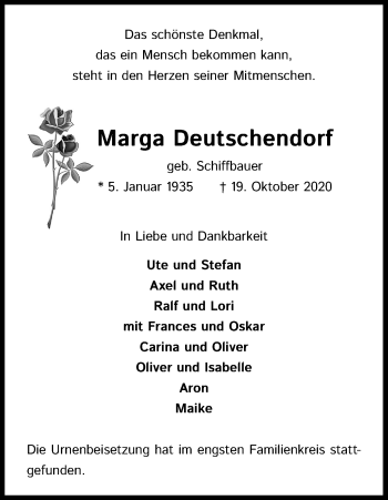 Anzeige von Marga Deutschendorf von Kölner Stadt-Anzeiger / Kölnische Rundschau / Express