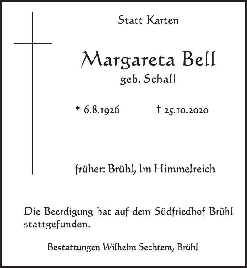  Traueranzeige für Margareta Bell vom 30.10.2020 aus  Schlossbote/Werbekurier 