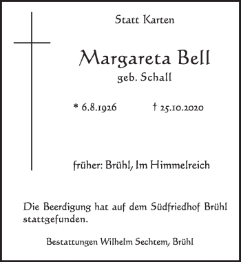 Anzeige von Margareta Bell von  Schlossbote/Werbekurier 