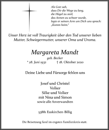 Anzeige von Margareta Mandt von  Blickpunkt Euskirchen 