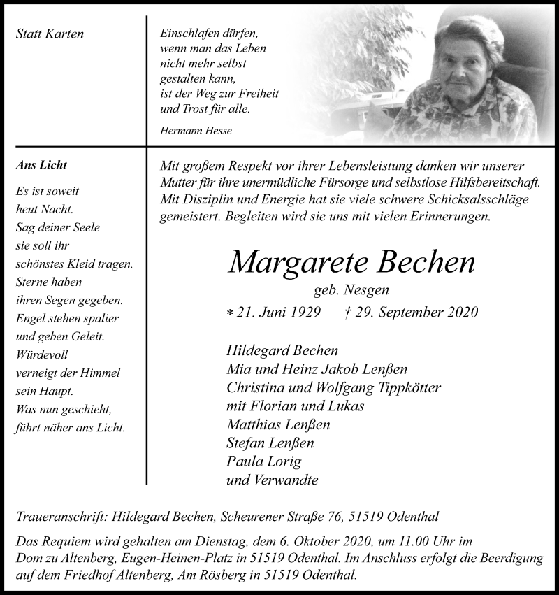  Traueranzeige für Margarete Bechen vom 03.10.2020 aus Kölner Stadt-Anzeiger / Kölnische Rundschau / Express