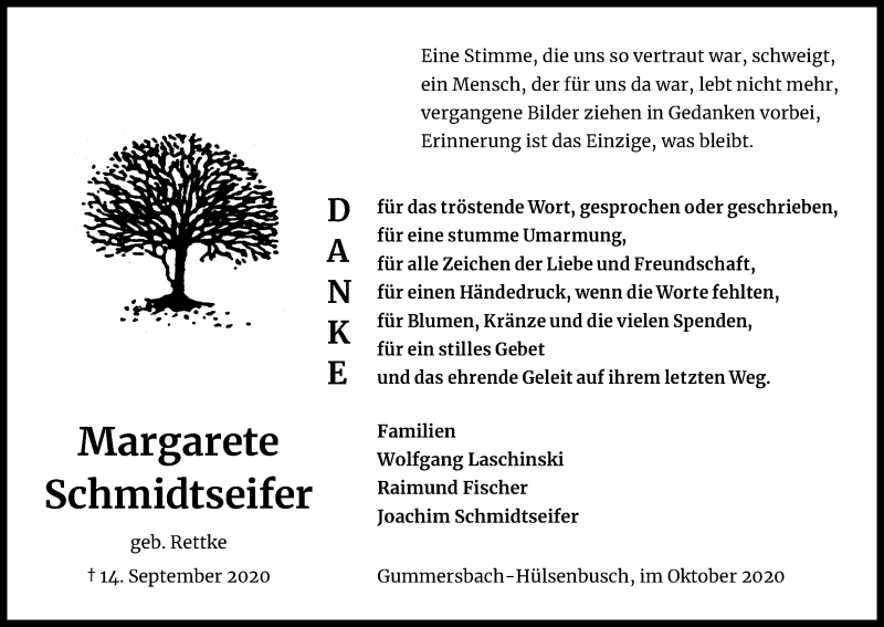  Traueranzeige für Margarete Schmidtseifer vom 17.10.2020 aus Kölner Stadt-Anzeiger / Kölnische Rundschau / Express