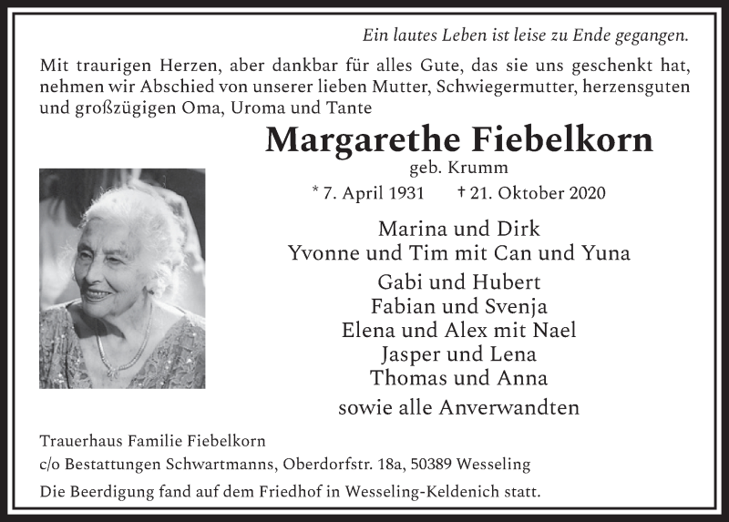  Traueranzeige für Margarethe Fiebelkorn vom 30.10.2020 aus  Schlossbote/Werbekurier 