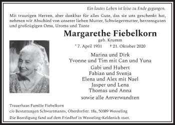 Anzeige von Margarethe Fiebelkorn von  Schlossbote/Werbekurier 