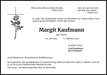 Anzeige von Margit Kaufmann von Kölner Stadt-Anzeiger / Kölnische Rundschau / Express