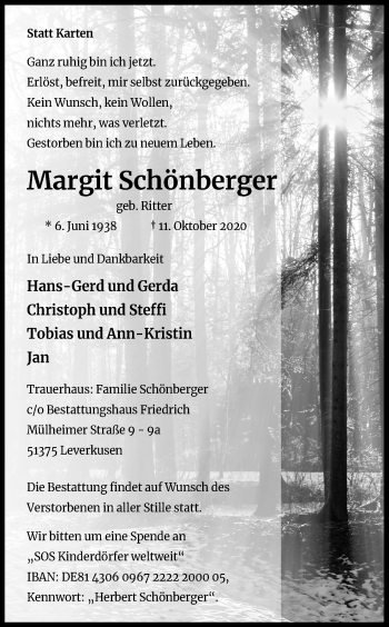Anzeige von Margit Schönberger von Kölner Stadt-Anzeiger / Kölnische Rundschau / Express
