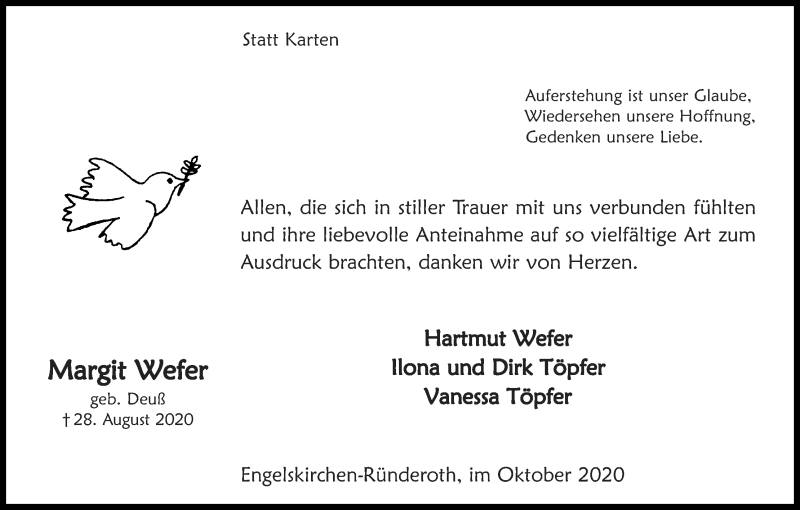  Traueranzeige für Margit Wefer vom 10.10.2020 aus Kölner Stadt-Anzeiger / Kölnische Rundschau / Express