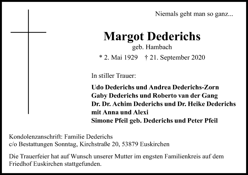  Traueranzeige für Margot Dederichs vom 03.10.2020 aus Kölner Stadt-Anzeiger / Kölnische Rundschau / Express