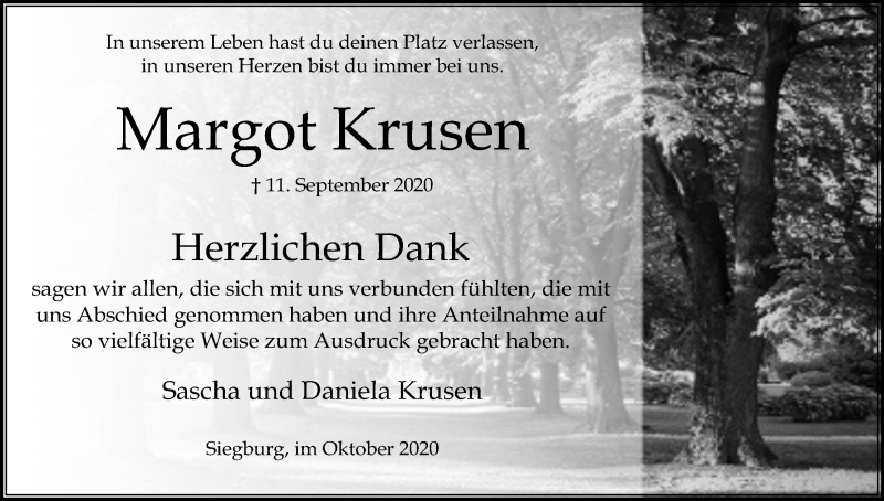  Traueranzeige für Margot Krusen vom 10.10.2020 aus Kölner Stadt-Anzeiger / Kölnische Rundschau / Express