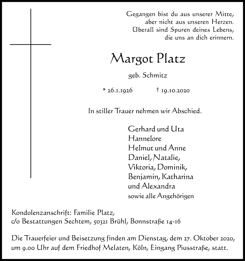  Traueranzeige für Margot Patz vom 24.10.2020 aus Kölner Stadt-Anzeiger / Kölnische Rundschau / Express