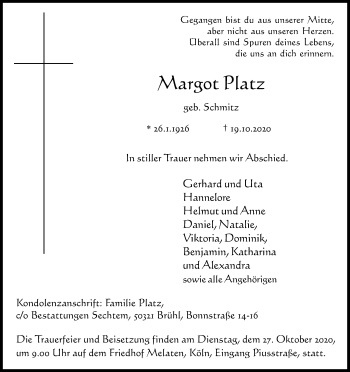 Anzeige von Margot Patz von Kölner Stadt-Anzeiger / Kölnische Rundschau / Express