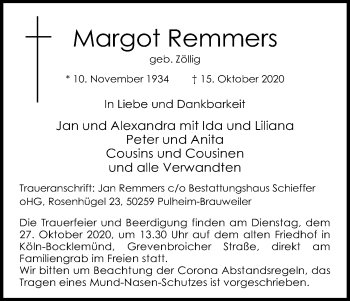 Anzeige von Margot Remmers von Kölner Stadt-Anzeiger / Kölnische Rundschau / Express