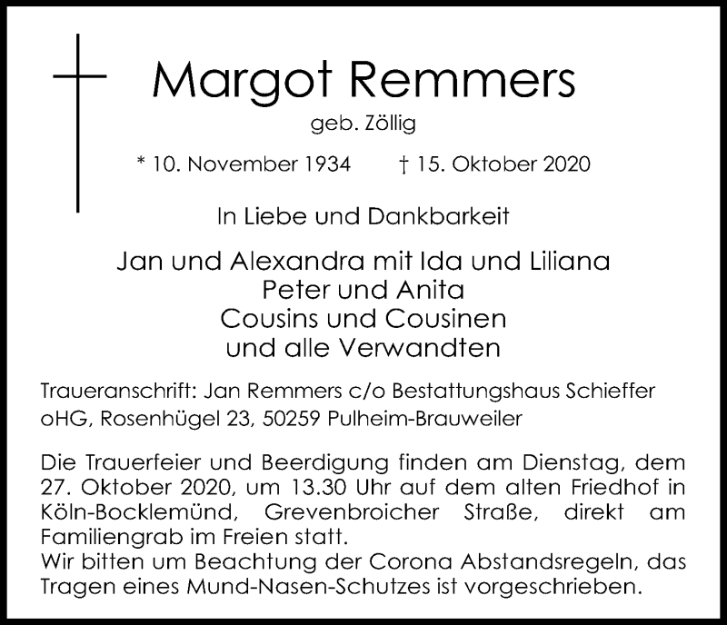  Traueranzeige für Margot Remmers vom 21.10.2020 aus Kölner Stadt-Anzeiger / Kölnische Rundschau / Express