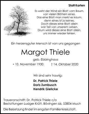 Anzeige von Margot Thiele von Kölner Stadt-Anzeiger / Kölnische Rundschau / Express