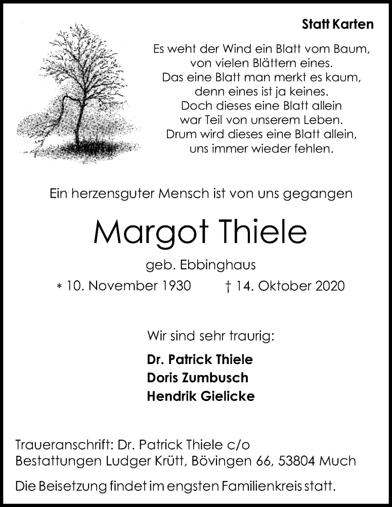  Traueranzeige für Margot Thiele vom 17.10.2020 aus Kölner Stadt-Anzeiger / Kölnische Rundschau / Express