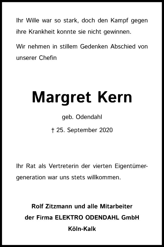  Traueranzeige für Margret Kern vom 03.10.2020 aus Kölner Stadt-Anzeiger / Kölnische Rundschau / Express