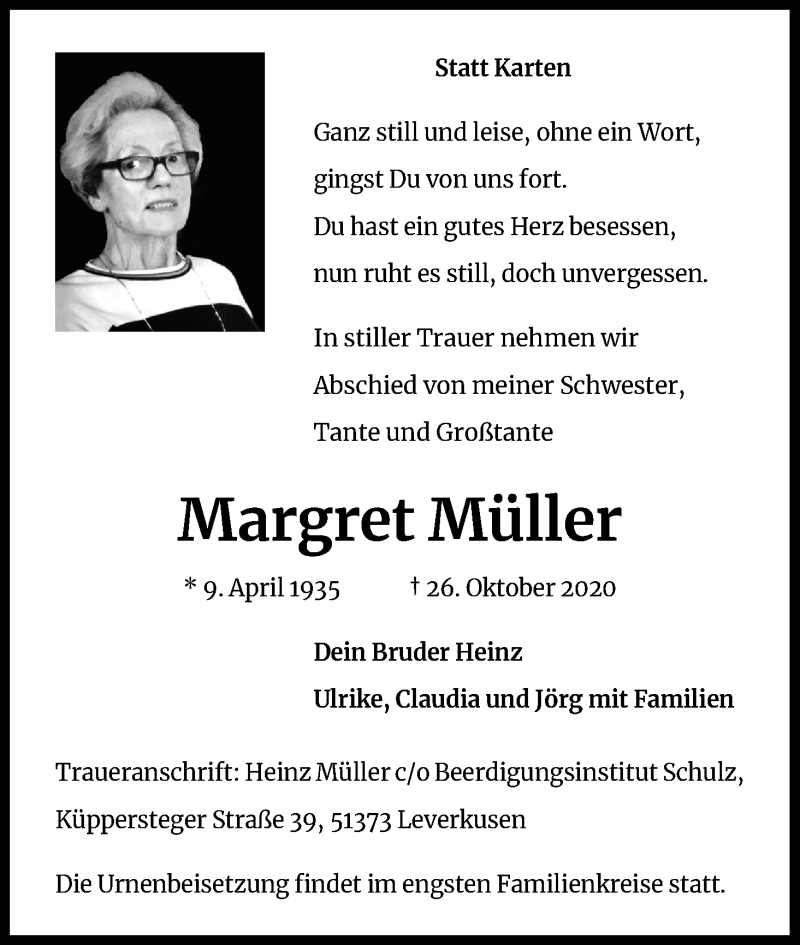  Traueranzeige für Margret Müller vom 31.10.2020 aus Kölner Stadt-Anzeiger / Kölnische Rundschau / Express