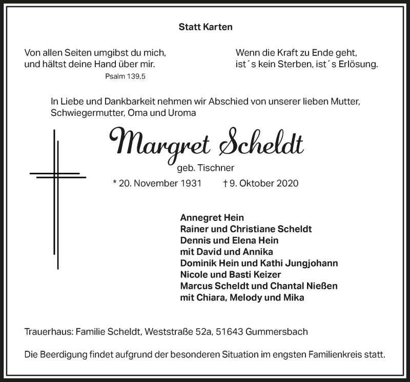  Traueranzeige für Margret Scheldt vom 16.10.2020 aus  Anzeigen Echo 