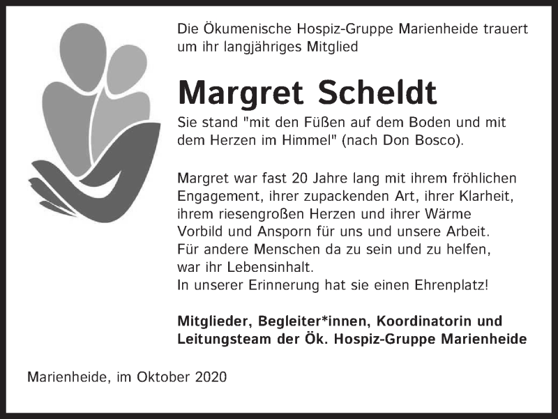  Traueranzeige für Margret Scheldt vom 24.10.2020 aus Kölner Stadt-Anzeiger / Kölnische Rundschau / Express